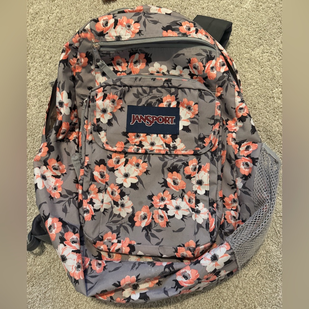 Jansport Floral Backpack in Gray and Coral